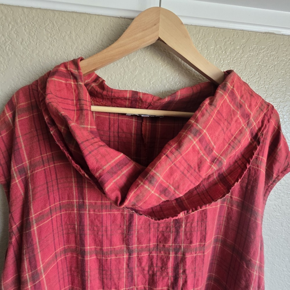 Bryn Walker Nolan Linen Dress Sz Large Red Plaid Cowl Neck Lagenlook Oversized - Picture 2 of 9